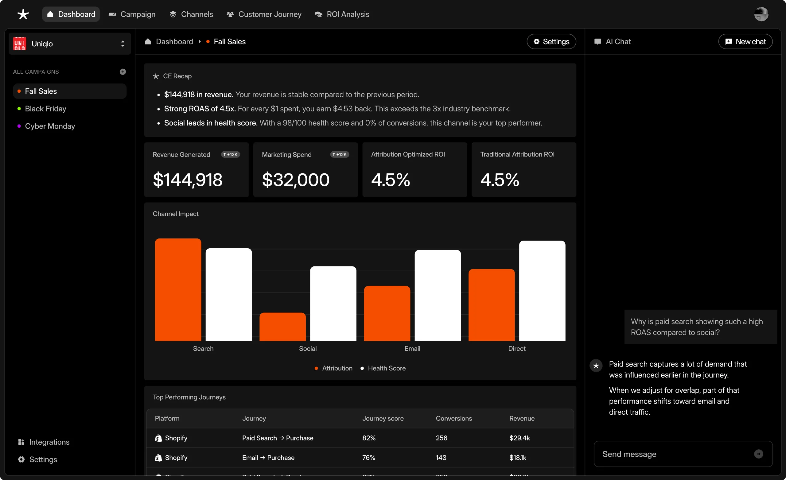 Causality Engine attribution dashboard showing marketing channel performance